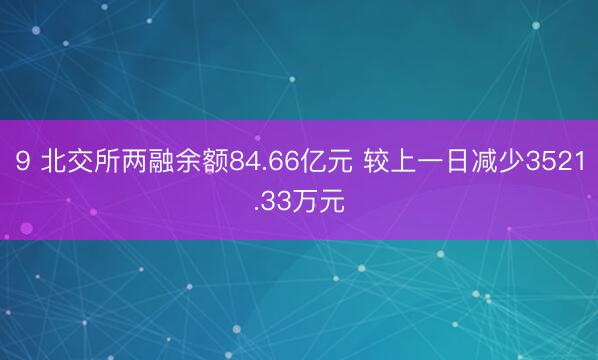 9 北交所两融余额84.66亿元 较上一日减少3521.33万元