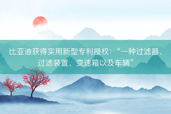 比亚迪获得实用新型专利授权：“一种过滤器、过滤装置、变速箱以及车辆”